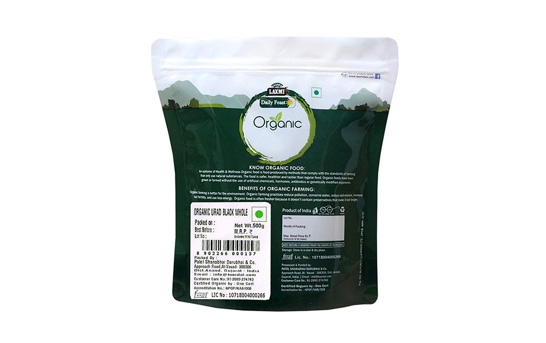 Laxmi Daily Feast Organic Urad Black Whole    Pack  500 grams